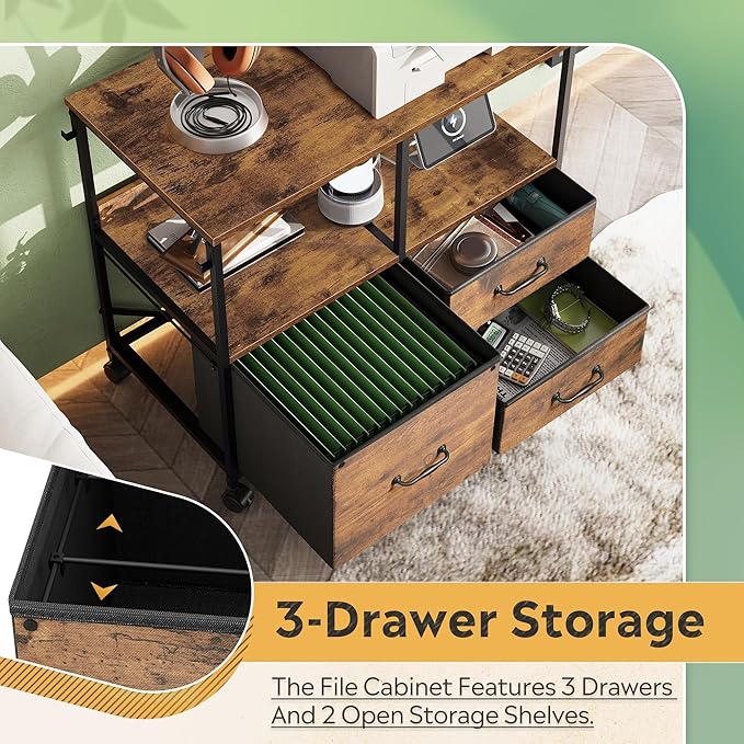 DEVAISE 3 Drawer Mobile File Cabinet Rolling Printer Stand with Storage Shelf Fabric Lateral Filing Cabinet fits A4 or Letter Size Adjustable Shelf for Home Office Rustic Brown