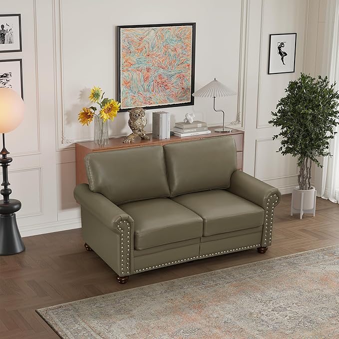 Harper &amp Bright Designs Loveseat Sofa Two Seat Couch with Storage Space Wood Legs Nails Decoration Faux Leather 2-Person Sofa for Living RoomBedroomSmall Space (Grey)