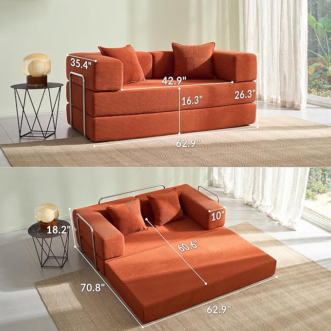 Compression Sofa - 62''Convertible Floor Sofa Bed - with Pillow Back Support Armrest - Comfy Foldable Sofa Bed Compressed Sofa in Box - Corduroy Fabric - for Living Room Bedroom - Orange