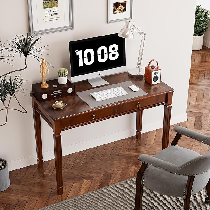 LEEMTORIG Vintage Solid Wood Writing Desk with 2 Drawers 46.1 W Large Secretary Desk Cherry Wood Writing Table for Home Office Traditional French Provincial Mahogany Desk Cherry Walnut BSZ-D1258