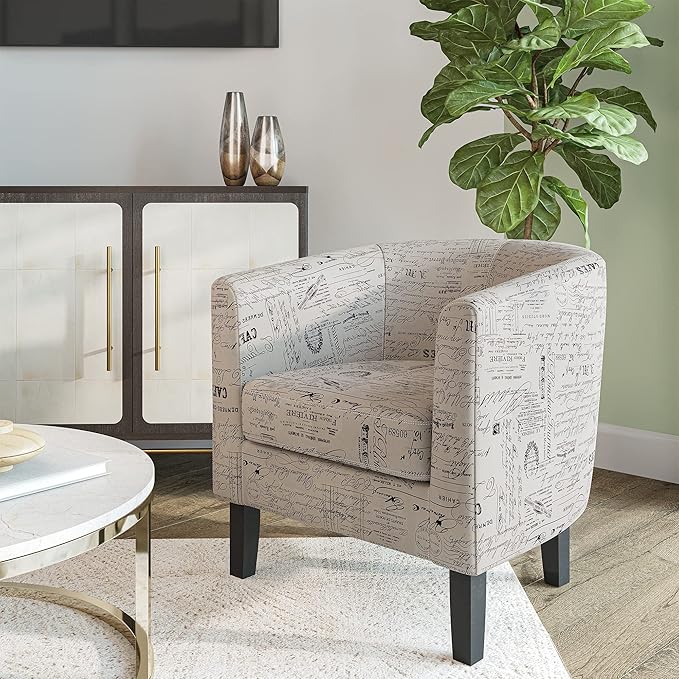BELLEZE Accent Barrel Chair Set of 2 Linen Round Chair Club Tub Sofa Corner Chair with Flared Legs and Cozy Soft Padding for Living Room Bedroom Waiting Room - Black &amp Beige
