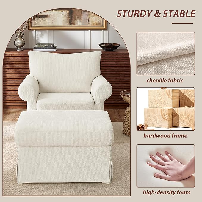 Modern Accent Chairs with Ottoman Set Comfy Chenille Reading Armchair with Rolled Arms and Cushion Backrest 35.8 W Single Living Room Chairs for Bedroom Study Apartment Beige