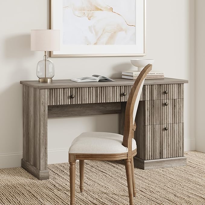 Garvee Fluted Home Office Desk Storage 54 Modern Executive Desk with Charging Station Wooden Computer Writing Desk with File Cabinet &amp Drawers for Study Living Room Bedroom