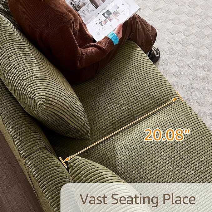 Modern Corduroy Sofa 88.5 inch Wide Living Room Couch with Wide Arms 3-Seater Living Room Couch with Throw Pillows Olive Green