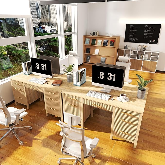 Modern Executive Desk with Drawers: 60 Oak Home Office Desks with File Drawers Wood Fluted Computer Writing Desk for Work Study and Living Room (60)