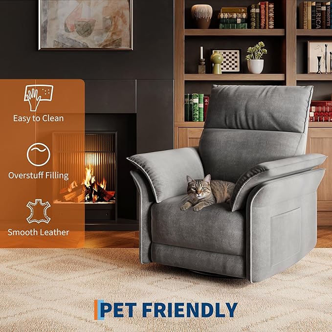 GarveeHome Power Recliner Chair 270 °Swivel Rocking Glider with USB Charging Port Chenille Upholstered Fabric and Double-Layer Armrests Nursery Chair for Living Room Nursery (Ash)