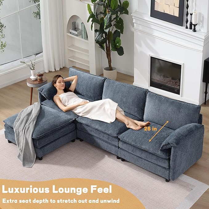 108 Cloud Sectional Couches for Living Room Convertible L Shaped Modular Sectional Sofa with Movable Ottoman 3-Seat Chenille Cloud Couch with Deep Seat for Bedroom Office Apartment Blue