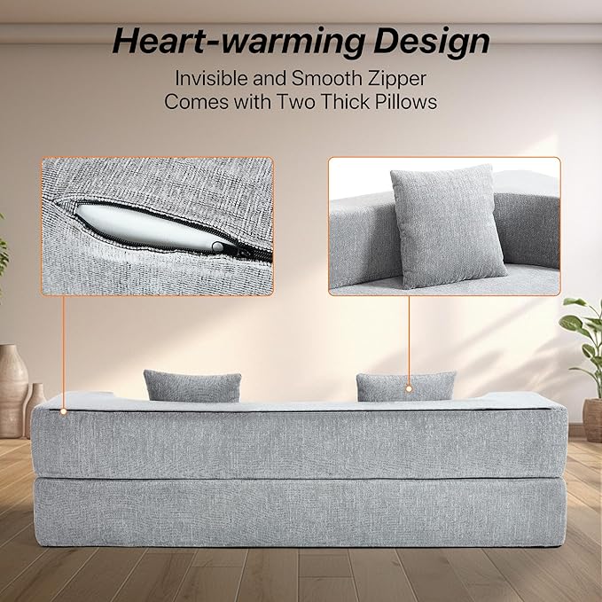 Folding Sofa Bed Convertible Futon Sleeper Bed 2-in-1 Foldable Floor Mattress with 2 Pillows Breathable High-Density Foam Lazy Couch Twin Size Comfy Lounge Chair Light Gray