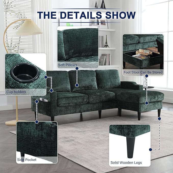 3 Seater Sectional Couch L Shaped Modular Couch with Solid Wood Frame Small Sofa with Storage Ottoman &amp Cup Holder &amp Side Pocket for Apartment Game Room Dormitory Room (Emerald)