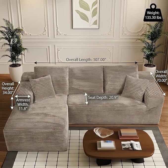 107 L-Shaped 6-Sea Modular Sectional Sofa Cloud Boneless Deep Seat Corduroy Couch with Left Facing Chaise Lounge Flexible Modular Design No Assembly for Living Room Brown