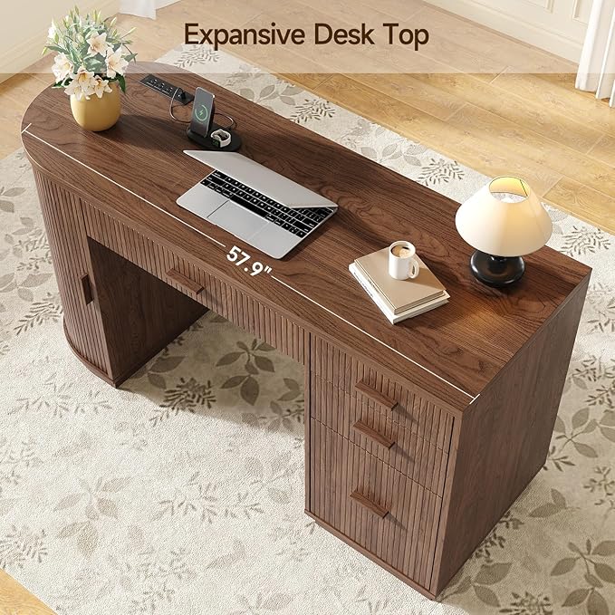 ONBRILL 58 Inch Fluted Executive Desk Computer Desk with Storage Drawers &amp File Drawer Modern Home Office Desk with Charging Station for Working Studying Writing Walnut