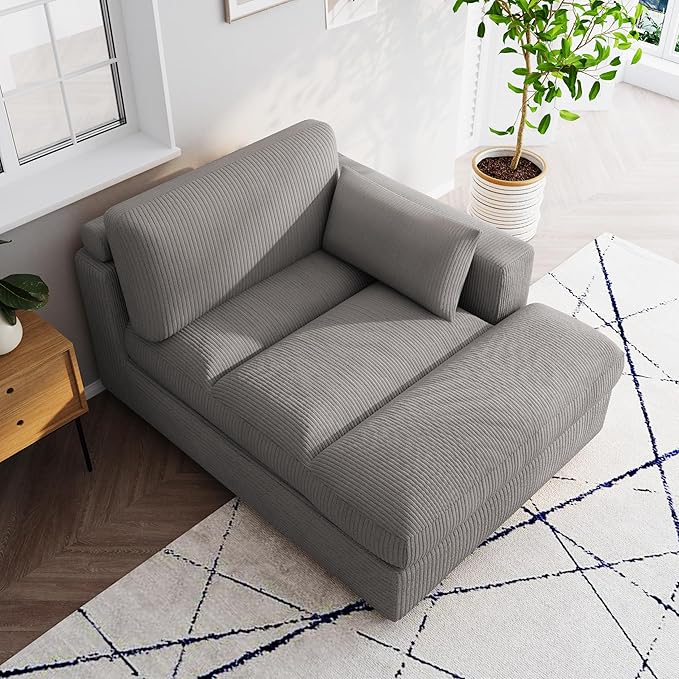 Chaise Lounge Indoor Upholstered Corduroy Sofa Counch with Left Armrest for Living Room Oversized Sleeper Sofa Bed with Pillows for Bedroom Apartment-Light Gray