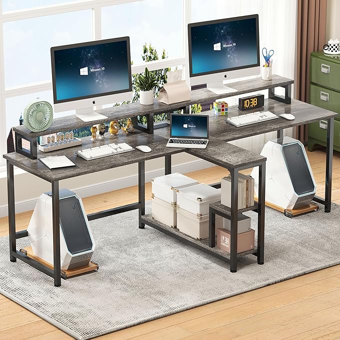 MUTUN Two Person Desk with LED Light 83.7 Inch Computer Office Double Desk with Monitor Stand and Power Outlets Rustic Writing Table Workstation with Shelves Long Desks for Home Office Grey