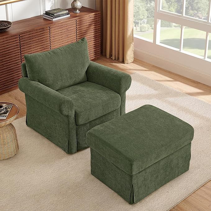35.8 Accent Chair with Ottoman Set Comfy Chenille Upholstered Armchair with Rolled Arms Modern Single Reading Chair for Living Room Bedroom Apartment Green