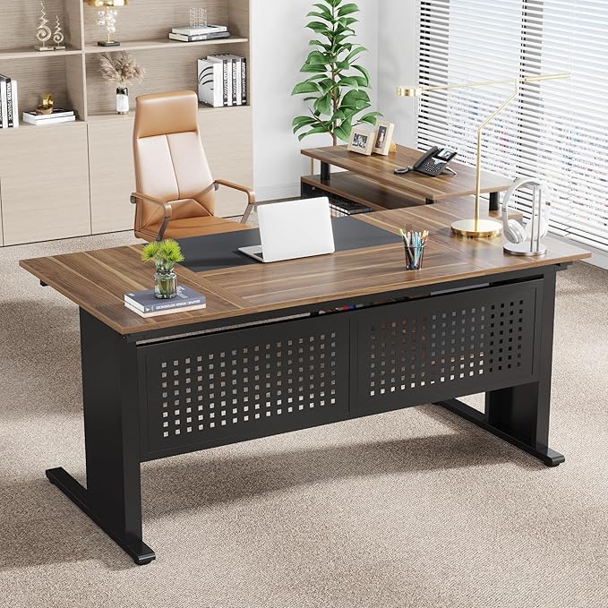 LITTLE TREE Large Computer Desk with File Cabinet 63 Inch L Shaped Executive Office Desk with Drawers and Storage Shelves Business Furniture Workstation for Home Office