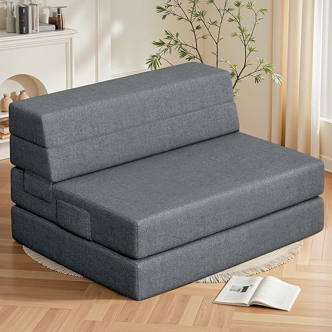 Youzi Foldable Sofa Bed Twin Sleeper Sofa Bed Couch for Guests 6 Inches Four-fold Foam Folding Chair for Home and Livingroom Washable Cover Dark Gray 75 x 39 x 6