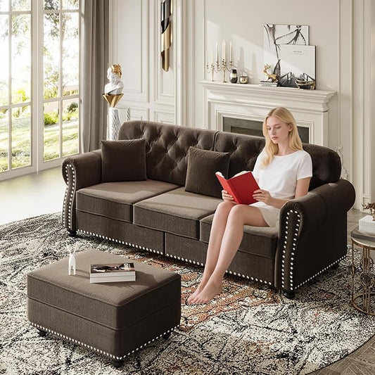 83 Stylish Velvet Sofa with Movable Ottoman Button Tufted Couch Bed with Rolled Armrests Comfort 3-Seater Sofa Bed with Rivet Decor &amp Solid Wood for Living Spaces Brown
