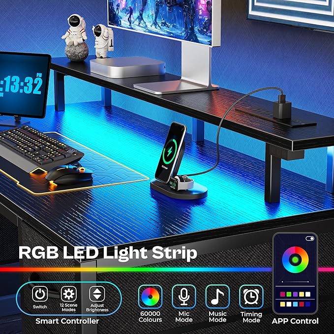 Huuger 55 inch Computer Desk with 4 Drawers Gaming Desk with LED Lights &amp Power Outlets Home Office Desk with Large Storage Space for Bedroom Work from Home Black