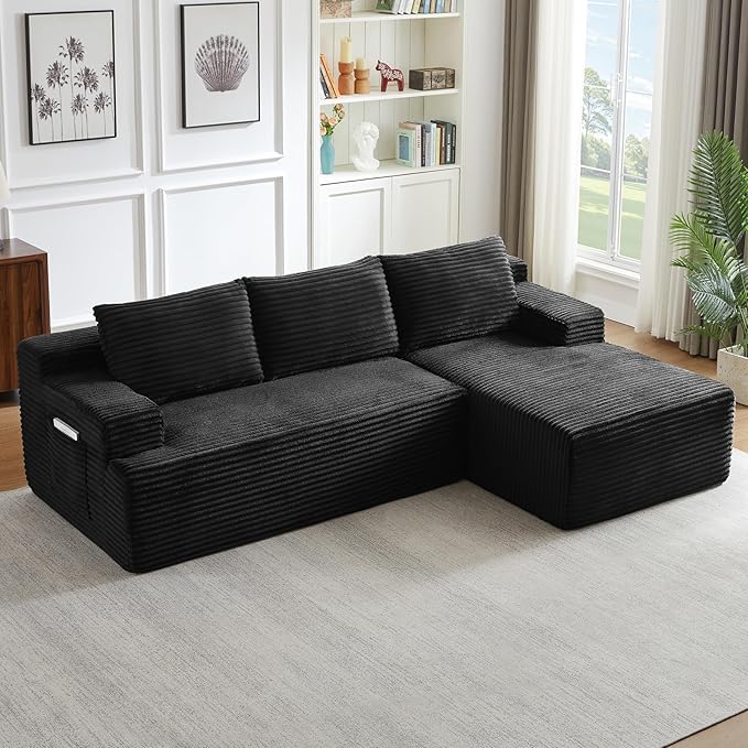 Boneless Couch Corduroy Cloud Sofa 96'' Sectional Couches Deep Seat L-Shaped Sofa No Assembly Pet-Friendly Apartment Couch for Living Room Small Spaces in a Box