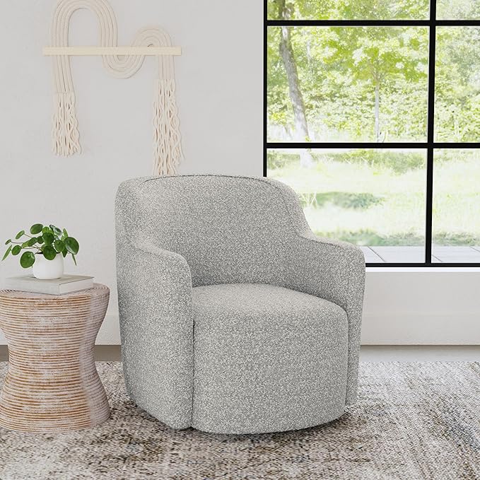 Spatial Order Upholstered 360° Barrel Back Swivel Chair | Accent Chairs for Living Room &amp Bedroom | Decorative Home Furniture White Boucle with Gray Yarn