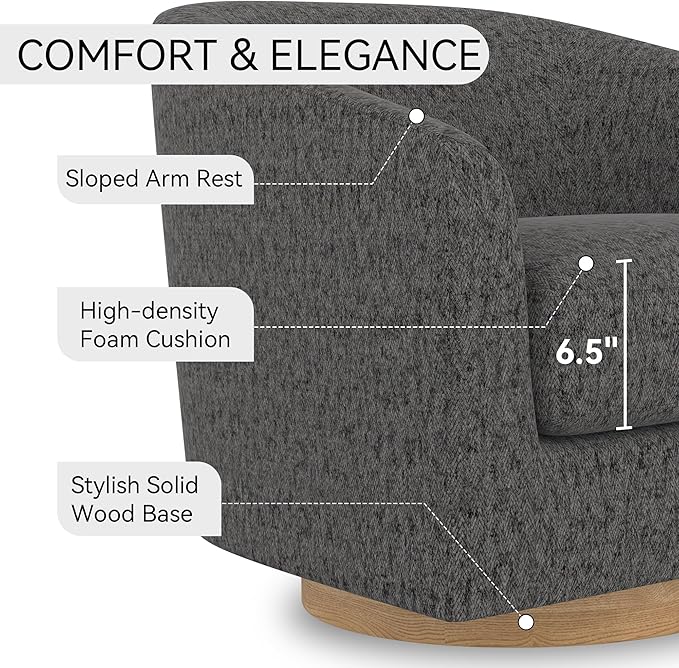 Swivel Accent Chair Upholstered Modern Barrel-Curved Arm Chair Velvet Fabric Comfty Sofa Reading Chair with Solid Wood Base for Living Room Bedroom Club Pebble Grey