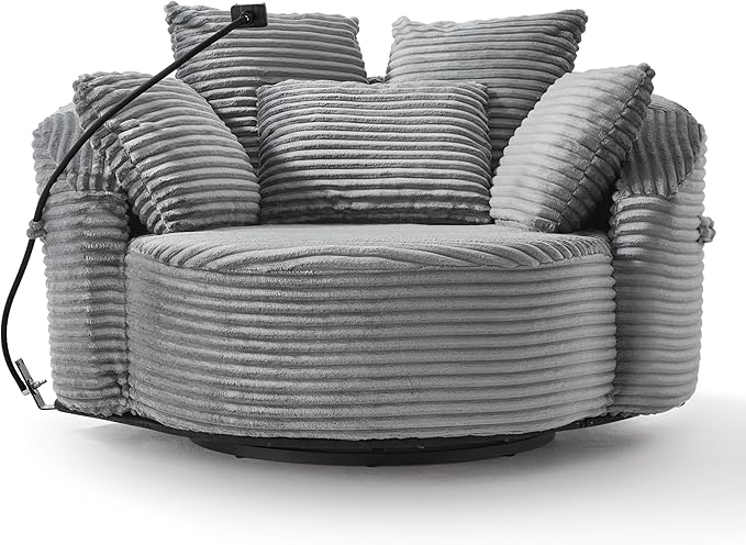 360° Swivel Accent Chair with 5 Throw Pillows Adjustable Phone Holder Corduroy Fabric Round Sofa Chair Barrel Chair with Semi-Wraparound Design for Living Room Office and Hotel (Gray1)