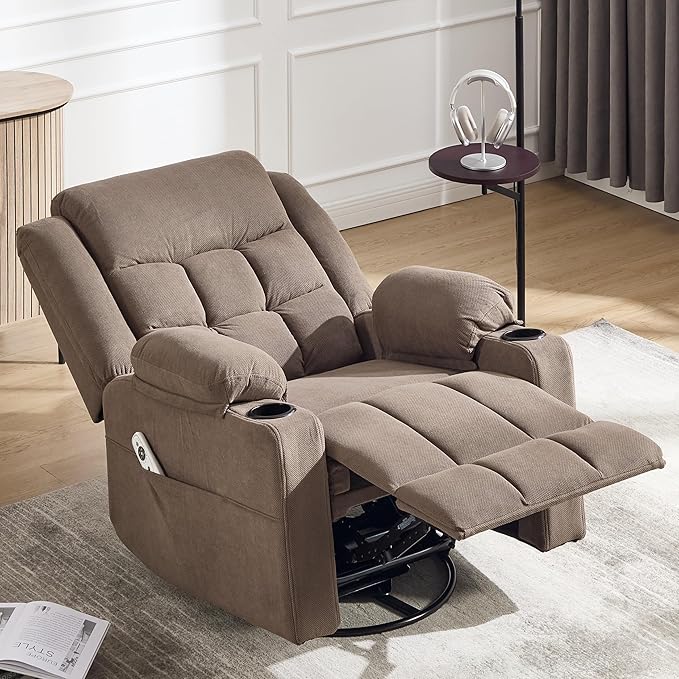 Swivel Rocker Recliner Chair for Adults with Massage and Heat Cup Holders and Side Pockets Glider Rocking Reclining Single Sofa Chair for Living Room (Coffee)