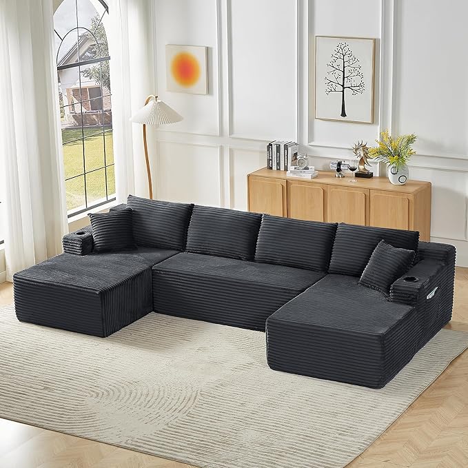 GNIXUU 133.5 Corduroy Boneless Sectional Couches for Living Room Oversized Plush U Shaped Cloud Couch Modular Sectional Sofa with Deep Seat Cup Holders &amp Storage Pocket No Assembly Required Gr