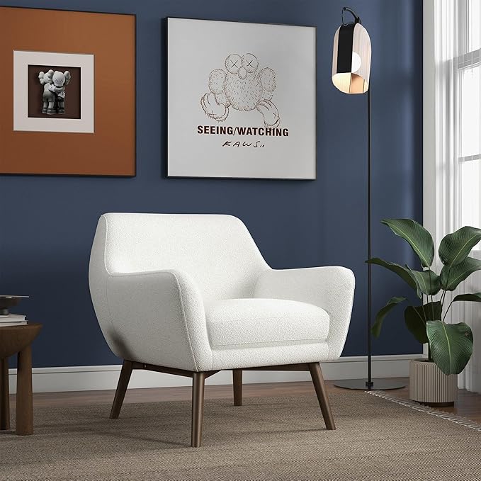 GDFStudio Mid-Century Modern Comfy Accent Chair Upholstered Boucle Lounge Vanity Chair with Rectangular Back and Solid Wood Legs Armchair Sofa Chair for Bedroom Living Room Makeup White &amp Brown
