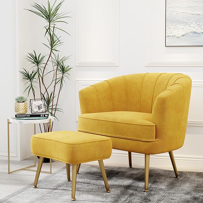 Andeworld Velvet Accent Chair with Ottoman Upholstered Modern Single Sofa Side ChairComfy Barrel Club Living Room Armchair with Golden Metal Legs for Bedroom Living Reading Room Office Yellow