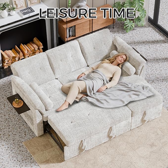 Convertible Queen Sofa Bed 63 Inch Chenille Pull Out Couch with Side Table 3 Seat Pull Out Sofa Bed with Level Adjustable Backrest Comfy Sleeper Sofas for Living Room Apartment Beige