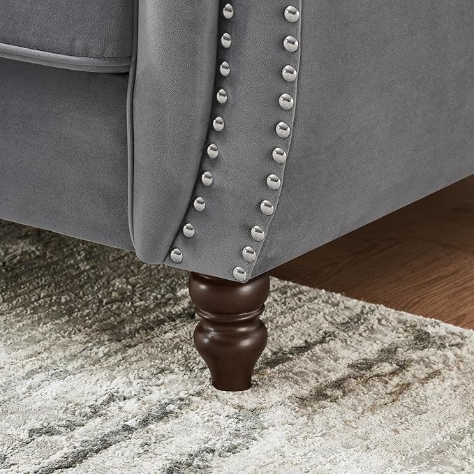 Loveseat Velvet Fabric Two- Seater Couch Buckle Design and Rivet Decoration Deep Seated Double Sofa Suitable for Living Room Bedroom Apartment Hotel etc (gray-04)