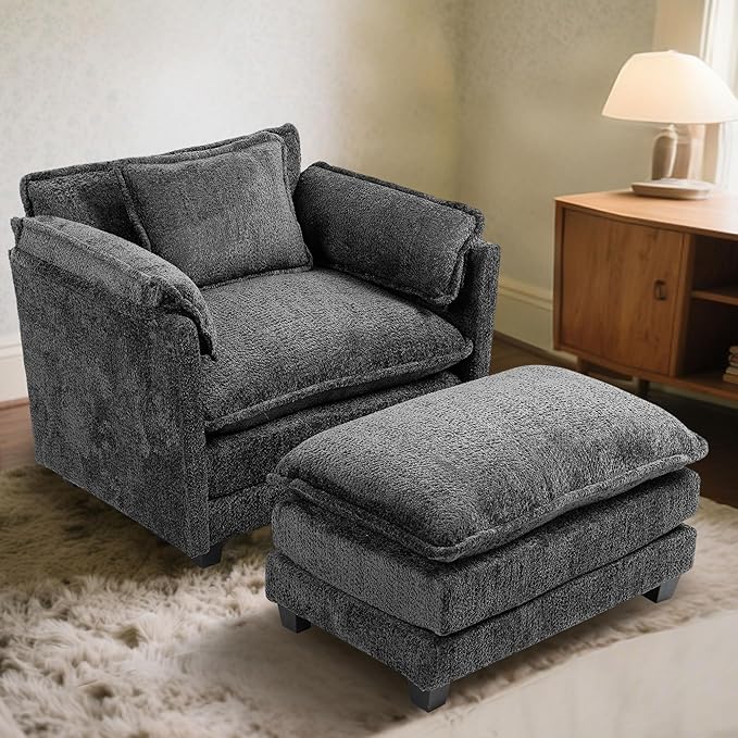 KEIKI Boucle Oversized Reading Chair with Storage &amp Ottoman 40 W Modern Accent Chair W/Double Deep Cushion Seating Comfy Upholstered Single Sofa Lounge Armchair for Living Room Bedroom Drak G