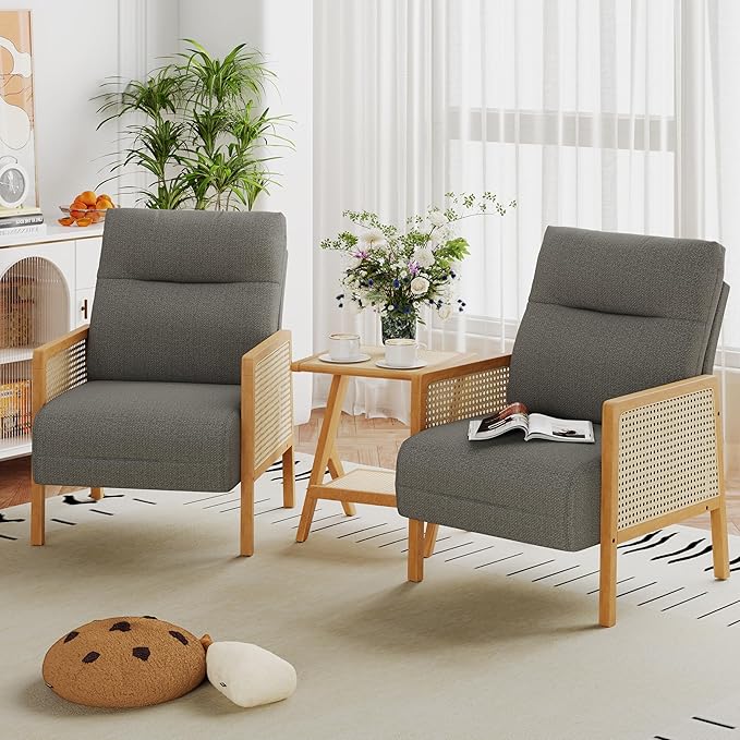 Andeworld Taupe Accent ChairsUpholstered Modern Living Room Chairs with Natural Rattan Arm Side Chair for Bedroom Club Balcony Reception Room