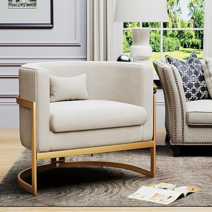 Velvet Accent Chair Modern Barrel Chair with Gold Legs Upholstered Armchair for Bedroom Living Room Sofa Chair Club Side Chairs Ivory