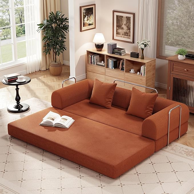 79 Folding Convertible Sofa Bed Boneless Couch for Living Room with Pull Out Bed ‌Convertible Sleeper Sofa Bed with Pillows - Corduroy Upholstered Modular Futon Couch for Bedroom Lounge (Orange)