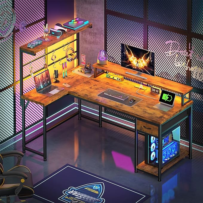 EnHomee 53 Inch Computer Desk with Power OutletGaming Desk with LED LightReversible Office Desk with Hutch &amp Monitor Stand L Shaped Corner Desk with Drawers &amp HooksHome Office Writing Desk