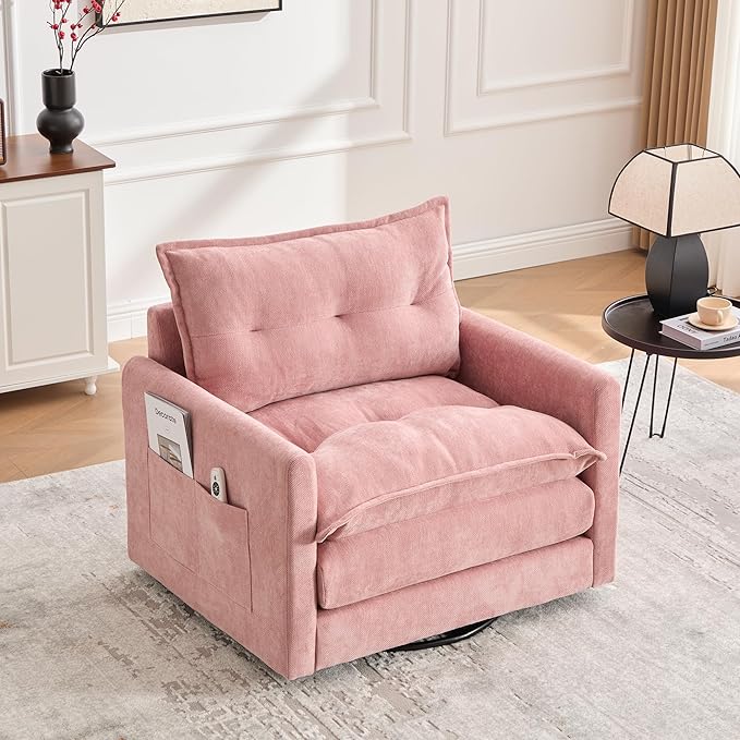 Swivel Accent Chair Modern Chenille Arm Chair Comfy Upholstered Accent Chair with 360 Degree Rotating Metal Base Single Sofa Chairs for Living Room Bedroom Reading Room Pink
