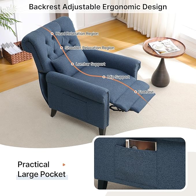 Pushback Recliner Chair Accent Push Back Chair with Adjustable Footrest Upholstered Linen Fabric Reclining Sofa with Side Pocket Comfy Modern Armchair for Living Room Navy Blue