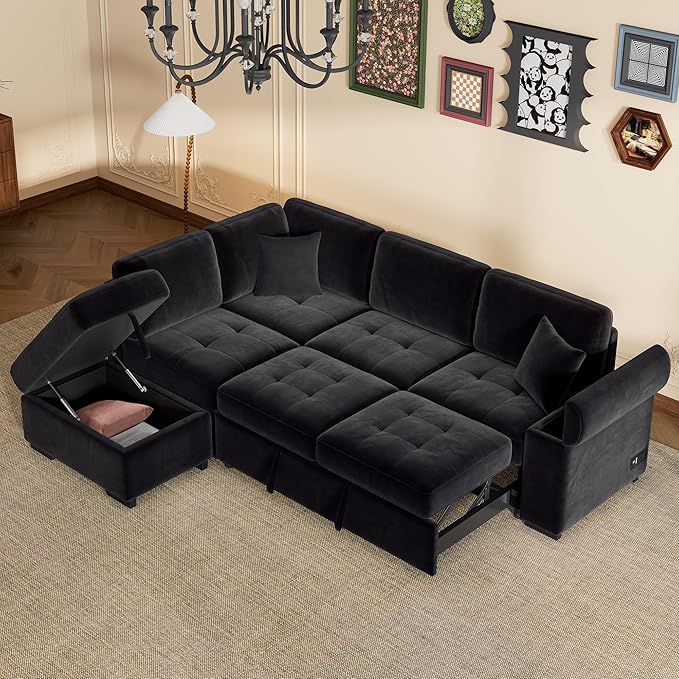 Flieks L-Shape Sleeper Sectional Sofa Bed with Storage Ottoman &amp Hidden Arm Storage 85Inch Sectional Corner Couch Sofa-Bed for Living Room Apartment