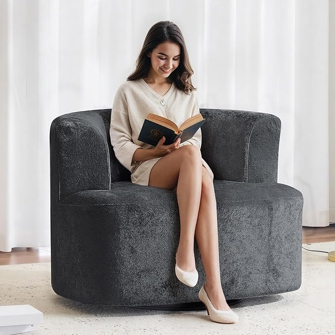 MELLCOM Oversized Swivel Accent Chair Modern Curved Back Single Sofa Chair Comfy All-Foam Compression Upholstered Round Armchair with PillowCozy Chenille Barrel Chair for Living RoomBedroom(Grey)
