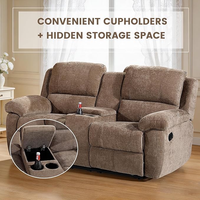 Betsy Furniture Modern Fabric Recliner Sofa Set Couch Loveseat w/Console Recliner 8093 (Khaki Loveseat)