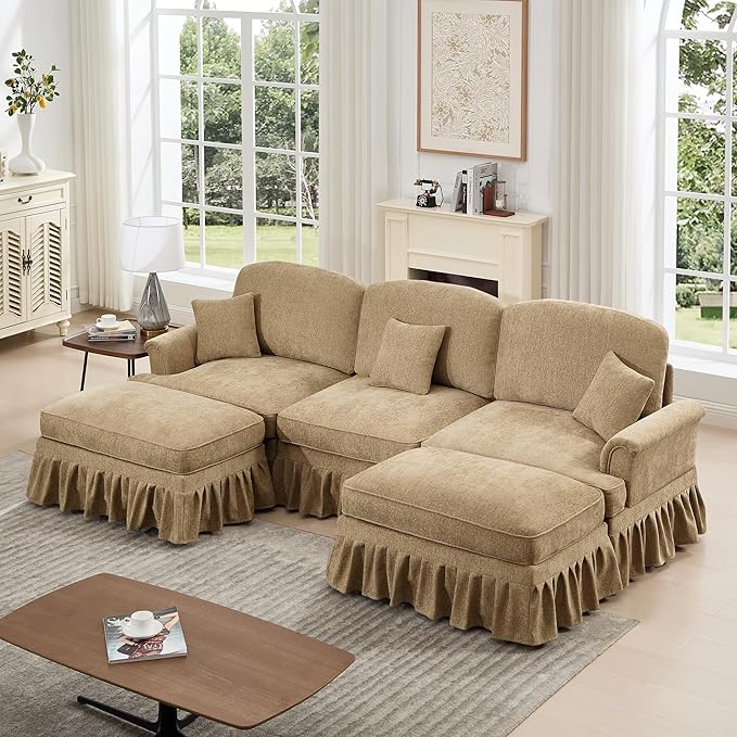 107'' Elegant U Shaped Chenille Mid Century Sectional Sofa Comfy Oversized 5 Seater Cloud Couch with Flared Arms and 2 Ottomans for Living Room