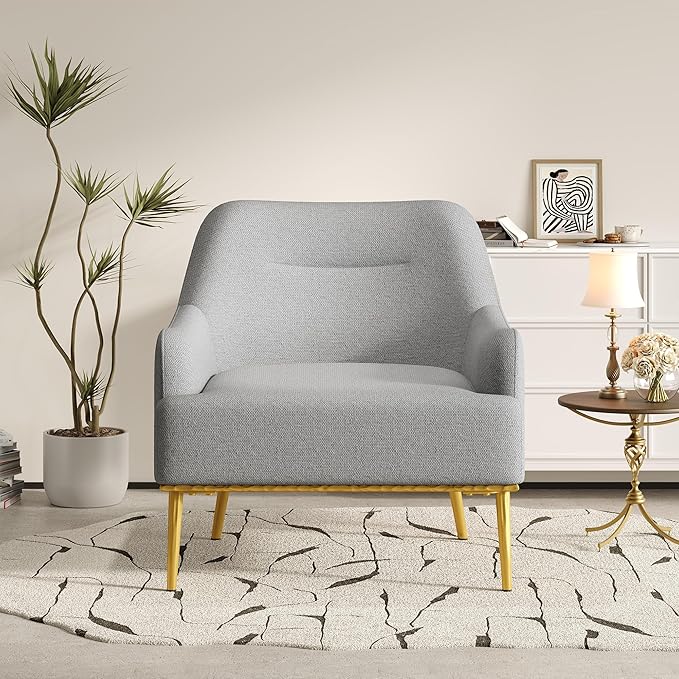 Modern Accent Chair with Curved Backrest Chenille Fabric Upholstered Armchair with Gold Metal Legs Single Sofa Chair for Living Room Reading Corner (Gray14)