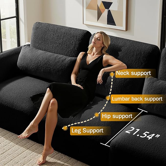 Sectional Sofa Couch Modern U Shaped Sectional Couch with Ottoman Modular Sectional Sofa Cloud Couches for Living Room (Black 3 Set + 1 Ottoman)