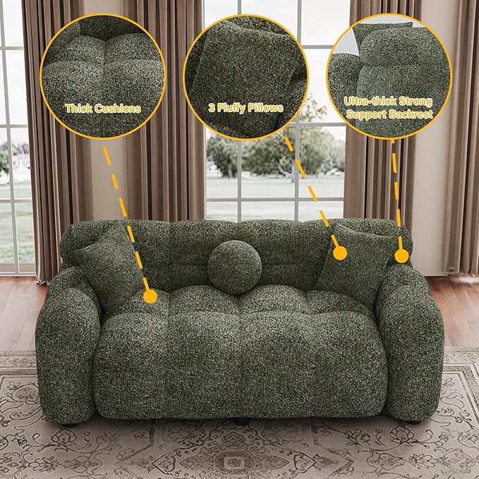 65 Chenille Cloud Sofa Couch Modern Deep Seat Loveseat Sofa Comfy Upholstered Couch with 3 Pillows Oversized Accent Armchair for Living Room Apartment Office Green