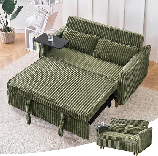 3 in 1 Pull Out CouchCorduroy Upholstered Convertible Sleeper Sofa Bed with Movable Side Table Modern Multifunctional Sofa with USB Port Cushioned Couch for Living Room (Green)