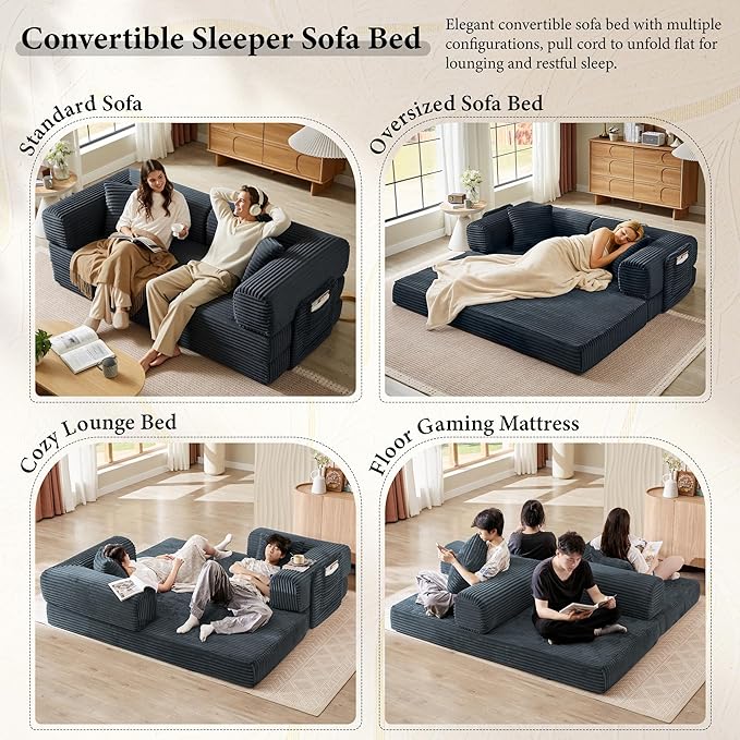 Boneless Couch Folding Couches for Living Room Sofa Futon Sofa Bed with Sleeper Sofa Futon Couch with Fixed-Shape Oversized Corduroy Upholstered (Dark Gray 81 Inches)