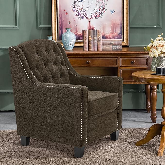 MCombo Modern Accent Chair with High Legs Chenille Upholstered Single Sofa Chair with Tufted Button Back &amp Ergonomic Armrests Solid Wood Legs for Living Room Bedroom 4260 (Brown)