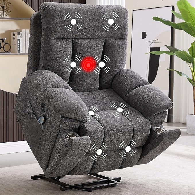CANMOV Large Power Lift Recliner Chair with Massage and Heat for Elderly Big and Tall People Overstuffed Wide Recliners with 2 Cup Holders Side Pocket and USB Port Dark Grey